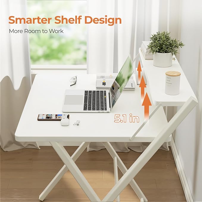 GreenForest Folding Desk No Assembly, Sturdy Computer Desk for Small Spaces | Portable Foldable Table for Laptop, 2-Tier Compact with Shelf, Space Saving for Home Office, Dorm, Apartment, 27"x 22" White - Image 5