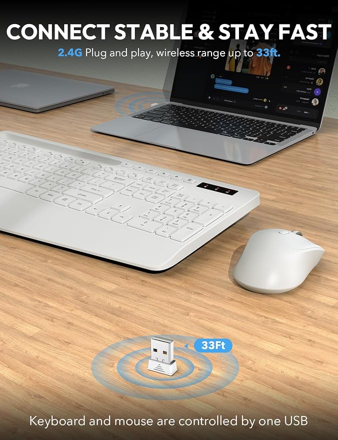 Wireless Keyboard and Mouse Combo, Full Size, Ergonomic Wrist Rest | 2.4G Lag-Free, 3-Level DPI, Phone Holder, Silent Typing, KM23D Batteries Powered Set for PC, Laptop, Windows, macOS (White) - Image 4