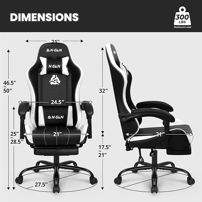N-GEN GAMING Gaming Chair, Footrest, Lumbar, High-Back, White Black | Reclining Backrest, Linkage Armrests, Durable PU Leather, Adjustable Comfort for Extended Computer, Desk, or Home Office Use - Image 3