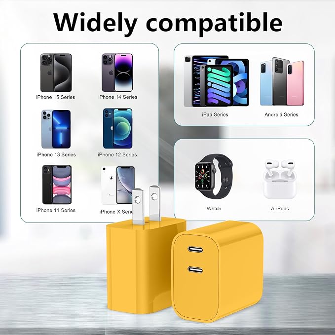 USB C Charger Block 3 Pack, Dual Port 20W Fast Wall Plug(Orange Yellow) | 20W PD fast charging USB C block for iPhone 17 16 15 14 13 12 11, iPad Pro, iPad Air, AirPods and Apple Watch. - Image 6