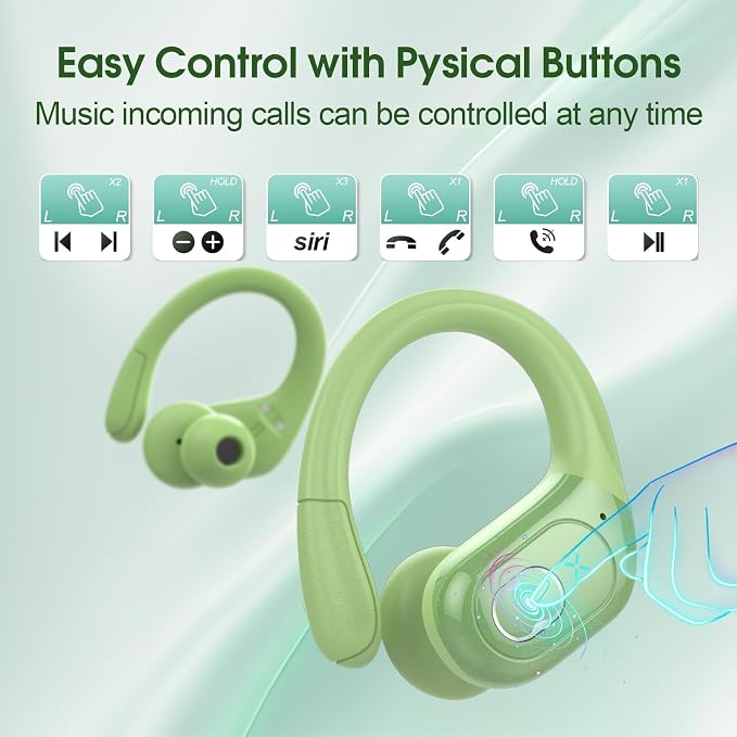 Wireless Earbuds 75H Bluetooth 5.4 Sport Headphones with Earhooks, Green | IPX7 Waterproof In-ear Buds Feature ENC Noise Cancelling Mic & Deep Bass. Stereo Sound Device for Gym Running Workout - Image 7