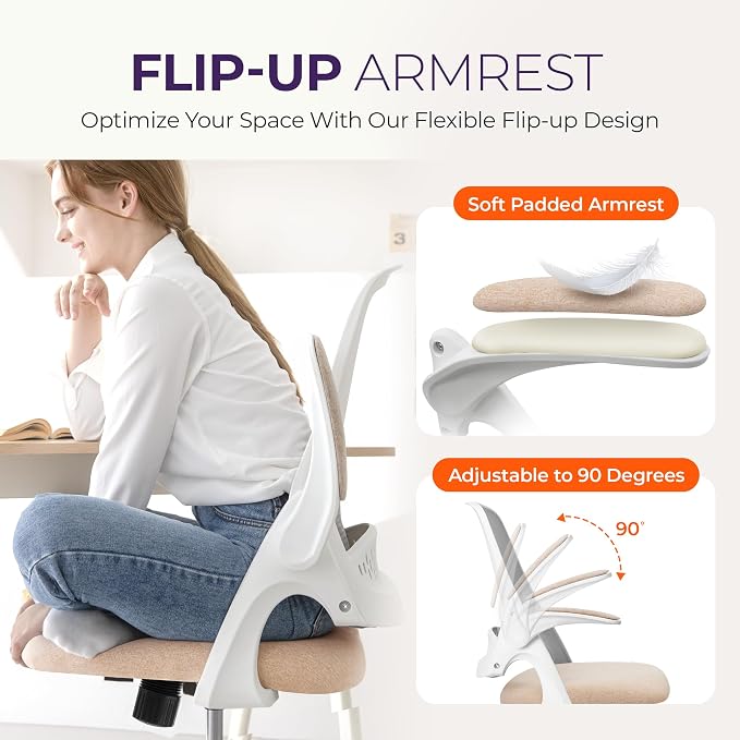 NEO CHAIR Office Desk Chair, Ergonomic Mesh with Flip-Up Armrests, Beige | Lumbar Support, Height Adjustment, 360° Swivel and Rolling Base, Space-Saving Design for Home Office, Vanity or Study - Image 6