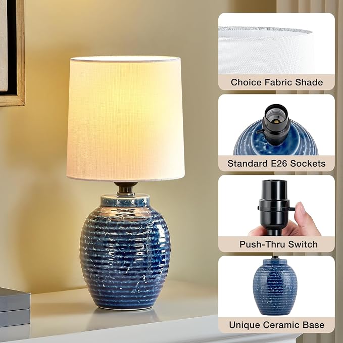 EJIAXIN Small Bedside Lamps -13.75" Farmhouse Table Lamps - Classic Ceramic Table Lamp for Bedroom, Living Room, Nightstand, Office, Side Desk Lamp, End Table - Image 6