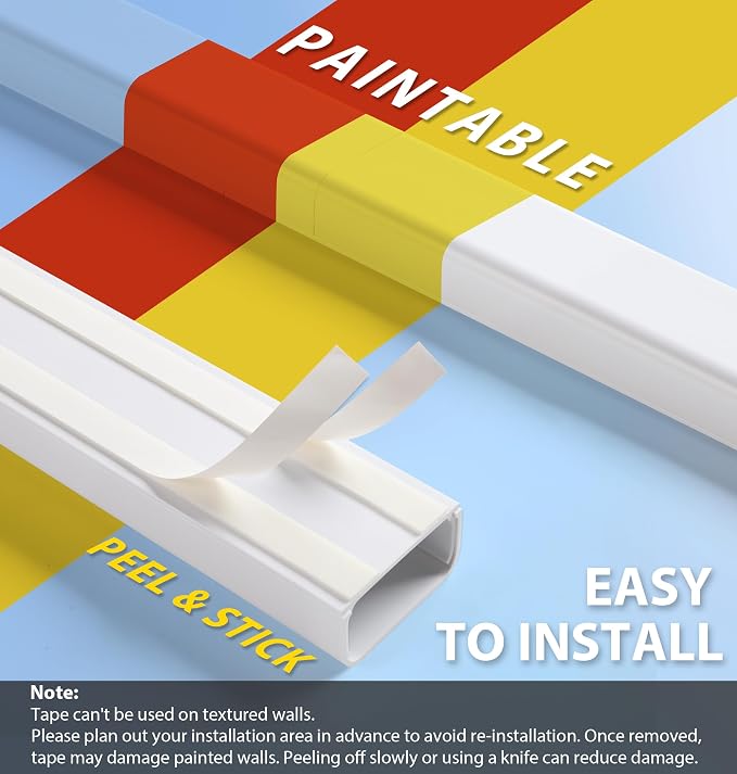 ZhiYo 64" Cord Covers for 4-7 Wires on Wall, White, 1.54" W x 0.75" H | Paintable TV Cord Hider for Wall-Mounted TVs, Self-Adhesive Wire Cover for Walls, Easy Installation, 4 Pack (16" Each) - Image 3