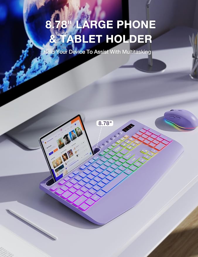 Wireless Keyboard and Mouse Combo, 9 Backlit Effects, RGB, 2.4GHz | Ergonomic Wrist Rest, Phone Holder, Rechargeable, Full Size, KM22 MAX Silent Set for Computer, Laptop, Mac, Windows (Purple) - Image 6