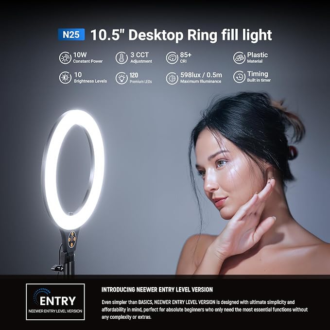 NEEWER Entry Level Version 10.5" Desk Ring Light w Tripod Stand/Phone Holder Compatible with iPhone, Timer/Remote, 10W CRI85+ LED Lighting for Selfie Makeup Streaming Recording Video Conference, N25 - Image 2