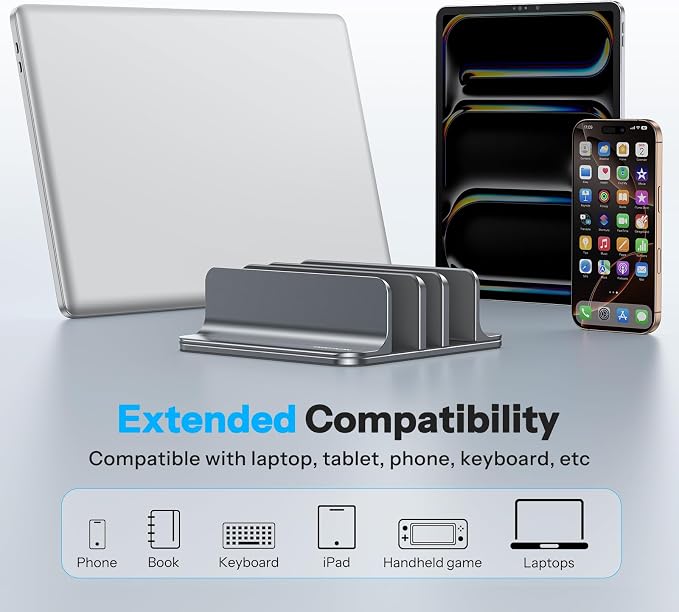 OMOTON 3-Slot Multiple Vertical Laptop Stand, Fits All MacBook, Grey | Adjustable Width 0-1.38", Aluminum Office Space-Saving for Desk, Fits MacBook/Book/iPad Up to 17.3in - Image 6
