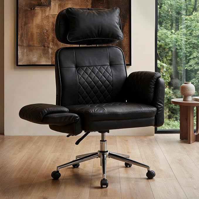 Big and Tall Ergonomic Office Chair, Criss Cross Desk Chair with Pivot Arms | High Back Executive Leather Chair with Spring Seat, Wide Computer Gaming Chair for Home, Makeup & Bedroom, Black, 49.6”H×22”W by IKALIFE