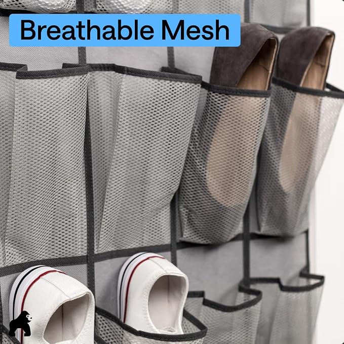 GORILLA GRIP Over the Door Shoe Organizer, 12 Large Pockets, Gray | Breathable Mesh Pocket, Space Saving Hanging Storage Holder, Closet Rack Hanger for Shoes, Pantry and Bathroom Accessories - Image 5