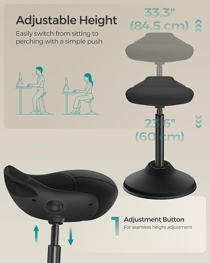 SONGMICS Ergonomic Wobble Stool, Height Adjustable Standing Desk Stool 23.6-33.3 Inches, Swivel Balance Chair with Non-Slip Base, Standing Chair, for Active Sitting, Office, Home, Ink Black UOSC02BK - Image 5