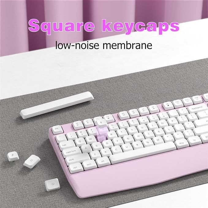 Ergonomic Wireless Keyboard and Mouse Combo with Wrist Rest (White Pink) | COVEVA Full Size Keyboard with 12 Dedicated Shortcuts, Smart Auto-Sleep, 2.4GHz Receiver, Natural Typing for PC Laptop - Image 3