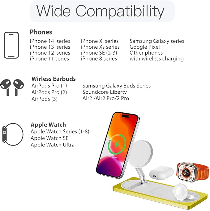 3 in 1 Wireless Charging Station for Apple Devices with MagSafe | For iPhone 17/Air/16/15/14/13/12, AirPods & Apple Watch, Foldable Portable Aluminum Charging Stand, Adapter Included - Image 6