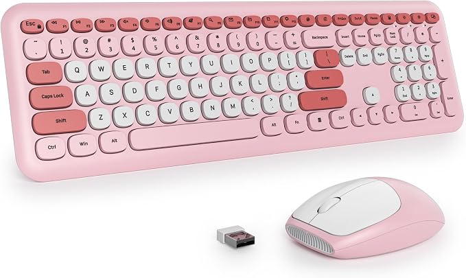 surmen Cute Wireless Keyboard and Mouse Combo, Pink Wireless Keyboard with Silent Mouse, Full Size Slim Low-Noise Soft Touch Round Keys for Home and Office,（6-Pink） by SURMEN