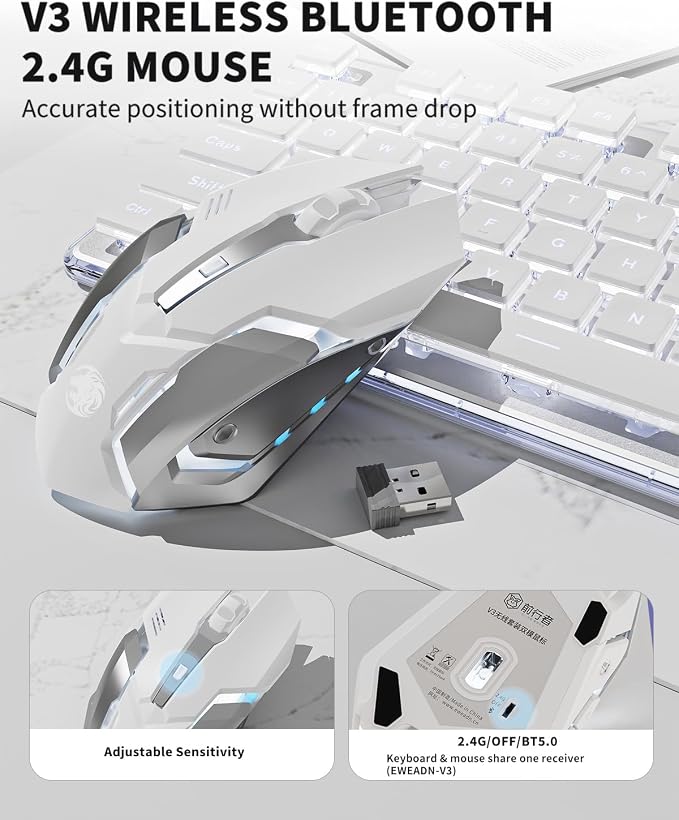 V3 Wireless Keyboard and Mouse with Single Backlit, Metal Panel, Bluetooth/2.4G Rechargeable Computer Keyboard and Mouse Combo Silent Lighted Full Size Cute Keyboards-White - Image 5
