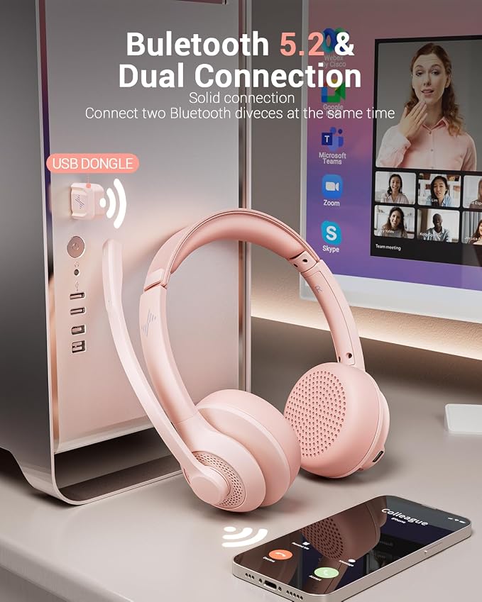JIAMQISHI Wireless Headset with AI Noise Cancelling Microphone Bluetooth Headset - Bluetooth V5.2 Headphones with USB Dongle & Mic Mute for Computer/Laptop/PC/iPhone/Android/Cell Phones (Pink) - Image 2