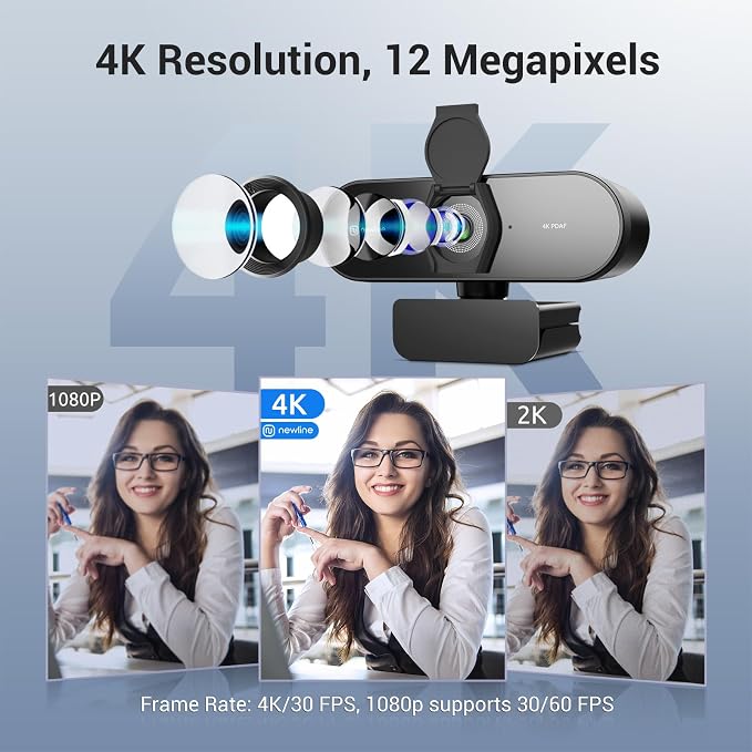N newline 4K Webcam for PC with Tripod, PDAF Autofocus, 1080P@60FPS, 79° FOV, Low Distortion, 2 Noise Reduction Mics, Privacy Cover, Plug&Play, PC Camera for Skype, Teams, Zoom, NewEye 62 Kit - Image 2
