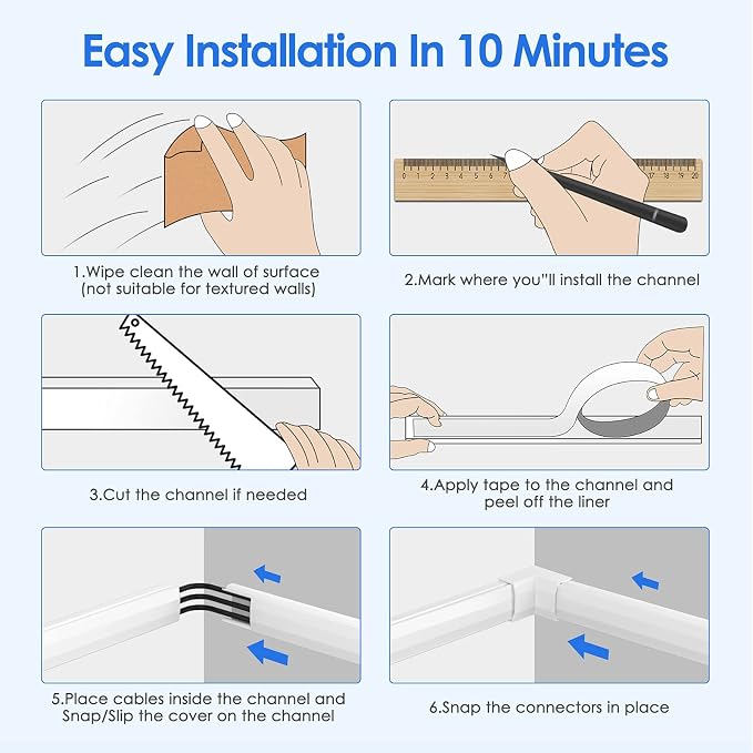 Yecaye 125In Cord Covers for Wall Mounted TV, W0.98in H0.51in, White | Medium Cord Hider for 3 Cords, Cable Management Kit, Wire Hiders Concealer on Wall - Image 7