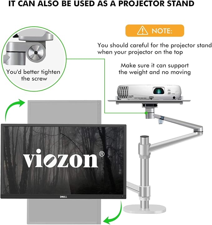 Viozon Monitor and Laptop Mount, 2-in-1 Adjustable Dual Arm Desk Mounts Single Desk Arm Stand/Holder for 17 to 32 Inch LCD Computer Screens, Extra Tray Fits 12 to 17 inch Laptops (Silver) - Image 6