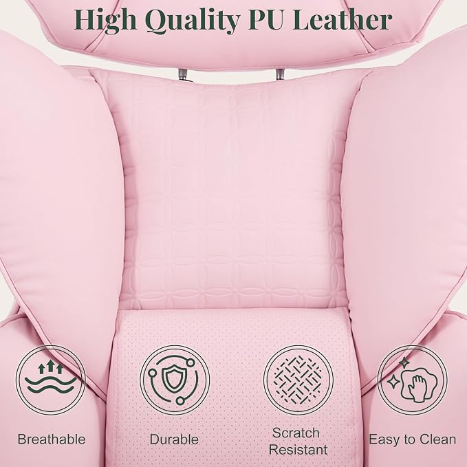 Pink Office Chair 400 LBS, for Women, Home Office | Big and Tall, PU Leather, Executive Ergonomic Desk Chair with Footrest, Lumbar Support, Wide Seat ,Reclining, Swivel Wheels - Image 7