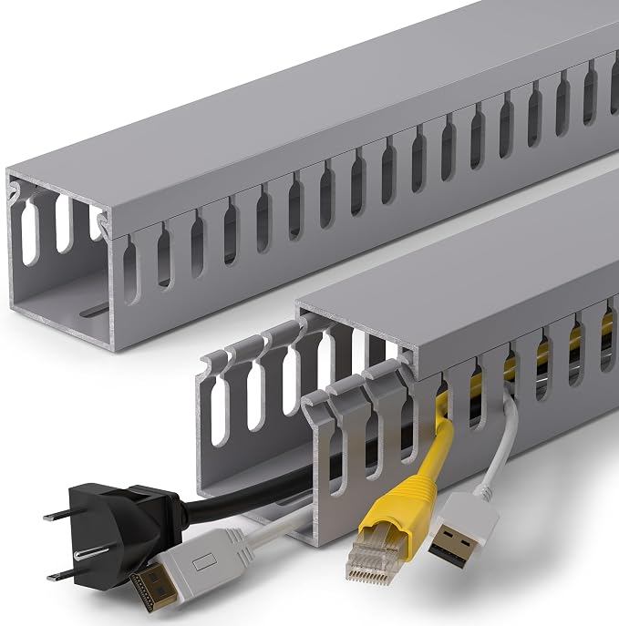 1.6"H x 1.6"W Cable Raceway, 99in Under Desk Wire Management Channel, Grey | Slotted Wire Duct, 6Pack, 16.5in Each, Heavy-Duty PVC Cable Management for Server Racks, Network Cables & Electrical Cabinets by ZhiYo