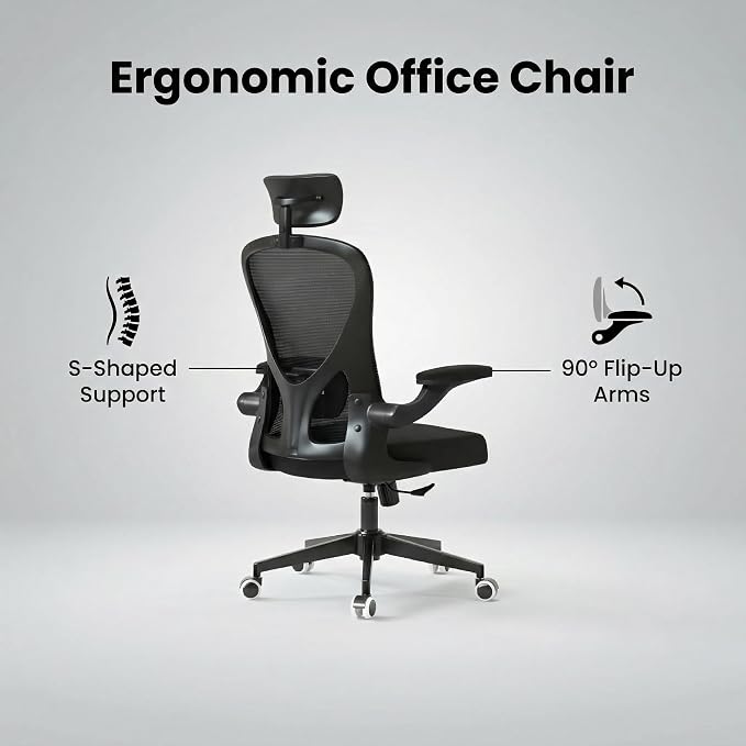 Monhey Ergonomic Chair, Adjustable Lumbar & Flip-up Arms, Black | Breathable Mesh,Height Adjustable, Rocking Swivel, High Back, Home Office Use - Image 2