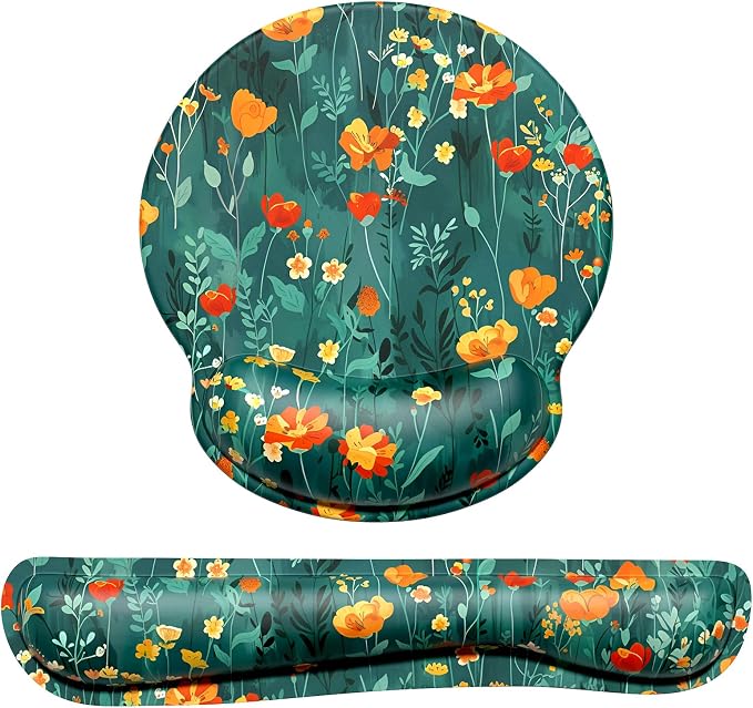 Dapesuom Keyboard Wrist Rest and Mouse Pad with Wrist Support, Cute Memory Foam Cushion for Keyboard and Mouse Set, Desktop Pad Rests with Non Slip Base for Easy Typing & Pain Relief, Forest Flowers by Unknown
