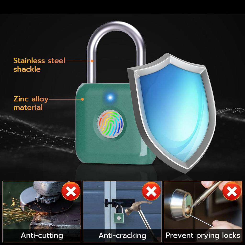 Fingerprint Padlock, Smart Metal Keyless Fingerprint Lock, Waterproof, USB Rechargeable, for Gym, School, Luggage, Backpack, Suitcase, Green - Image 7