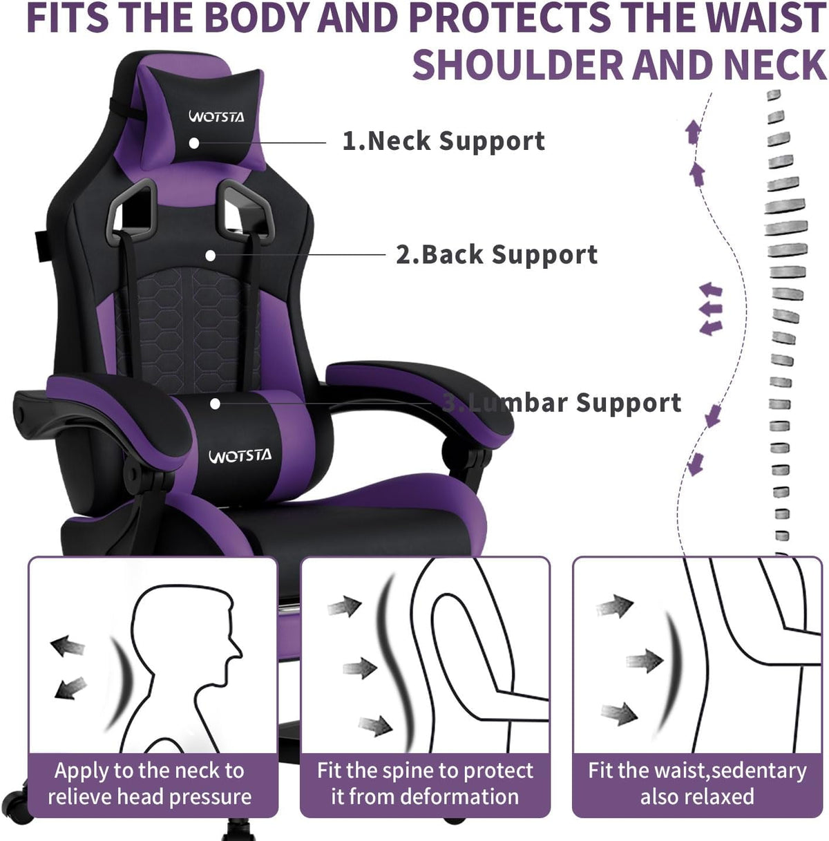 Gaming Chair with Massage,Ergonomic PC Gaming Chair with Footrest Comfortable Headrest and Lumbar Support,High Back Game Chair PVC Leather,300LBS (BlackPurple) - Image 6