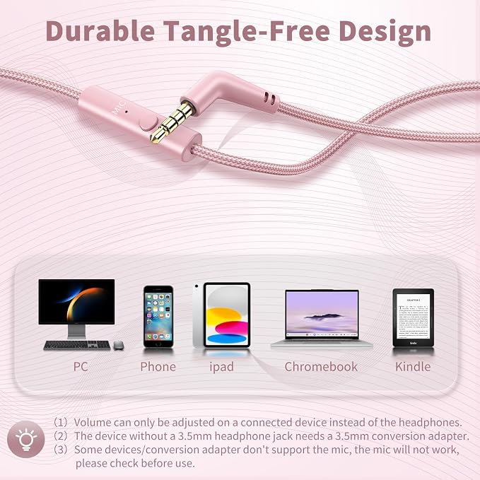 Botesty Sound Wired Headphones with Microphone, Over Ear 3.5mm Plug in Headphones with 4.9ft Tangle-Free Nylon Cord for Tablet, Laptop, MP3/4, School, Airplane Travel (Pink) - Image 6