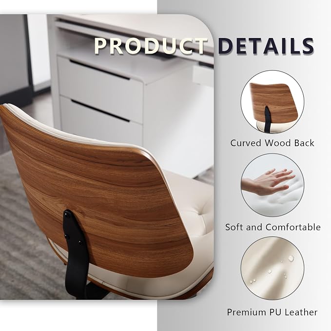 Armless Home Office Chair in Button Style, PU Leather Small, Beige | PU Leather Adjustable Height Computer Desk Chair, 360 Swivel Small No Arms Office Seat, Walnut Design Stool, 300LBS Cap - Image 5