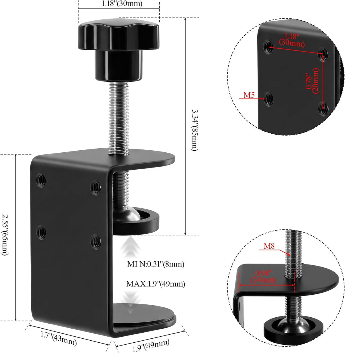 Small C Clamps 2 Inch with 4 Small Holes in the Back, 2-Pack Adjustable Desk C-Clamp for Range 0.39"~2", Versatile Clamp for Brake, Parts Assembly, Fastening, Welding, Woodwork, Metal Work - Image 3