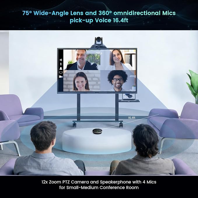 12x Zoom Conference Room Video Camera System, Al Auto-Tracking HD 1080P 60fps 12X Optical Zoom USB3.0 HDMI PTZ Camera 75° FOV and Bluetooth Conference Speaker with Microphones Bundle for Medium Room - Image 8