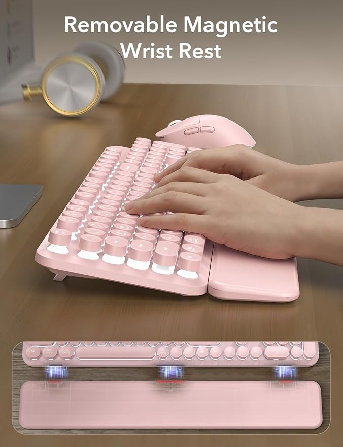 Wireless Keyboard and Mouse Backlit - Typewriter, Magnetic Wrist Rest | Retro Round Keys, Light Up Letters, 2.4GHz Cordless Combo for Mac, Windows, PC, Laptop, Trueque CK23Pro [Upgraded] - Image 5