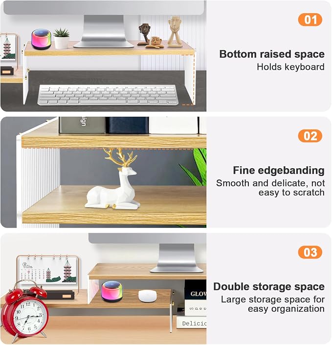 YGYQZ Adjustable Monitor Stand Riser, 7.67"×19.3" Dual Monitor Desk Stand | Adjustable Monitor Riser, Expandable Desk Organizer, 2-Tier Storage, Acrylic Legs, Ergonomic Workspace, Wood Wavy - Image 4