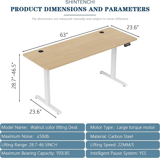 Shintenchi Standing Desk, 63x24 Inch Height Adjustable Electric Sit Stand up Desk, Ergonomic Rising Computer Table, Modern Lift Gaming Desk Workstation for Home Office, White - Image 2