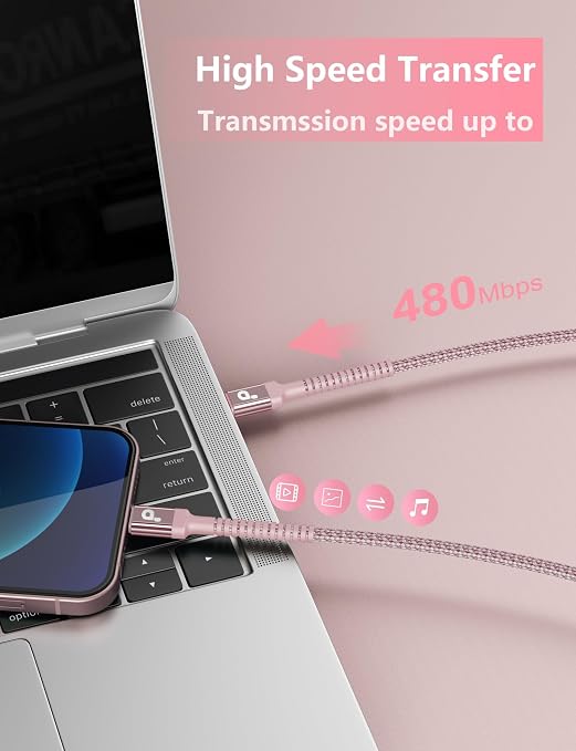 USBC Cable 10FT, Long USB C to USB C Cable 60W Fast Charging, 2Pack-Pink | Nylon Braided USB C iPhone Charger Cord Compatible with iPhone 17/16/15/Pro Max/Plus/Samsung Galaxy S26 S23 and More - Image 4