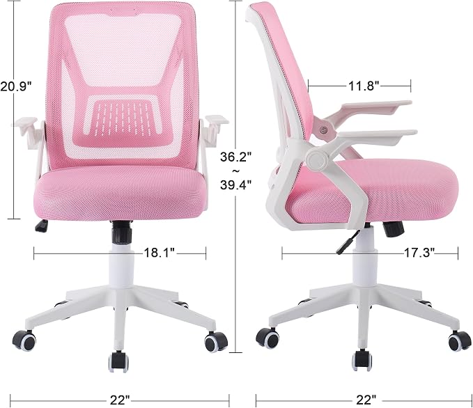 VECELO Mid-Back Swivel Ergonomic Office Chair with Adjustable Arms Mesh Lumbar Support for Computer Task Work, Pink - Image 3