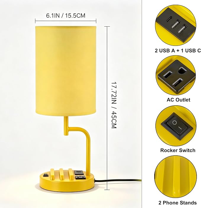 Dreamholder 2 Pack Table Lamp, Bedside Lamp with 3 USB Charging Ports & AC Outlet, USB Desk Lamp with 2 Phone Holders, Linen Fabric Shade Nightstand Lamps for Bedroom Living Room Office, Yellow - Image 2