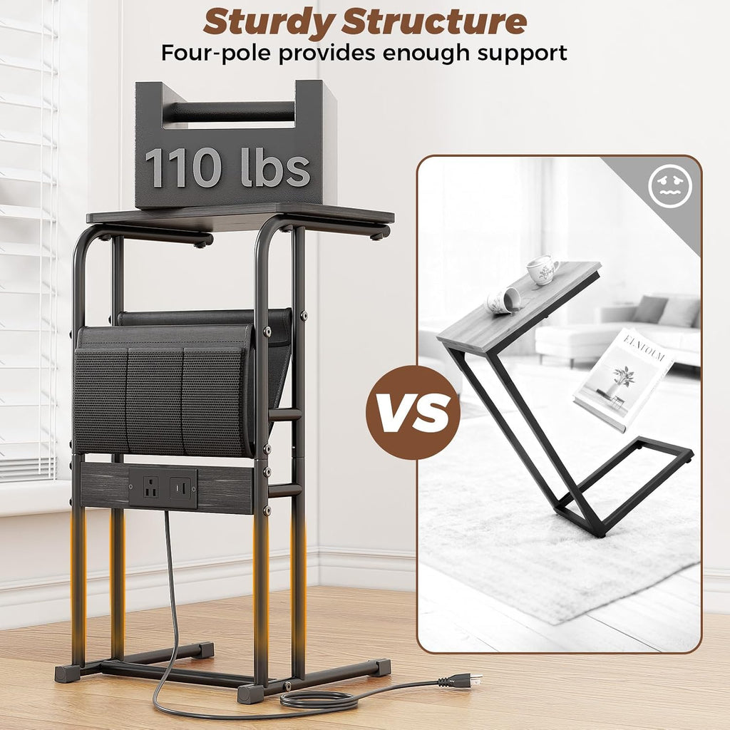 C-Shaped End Table with Charging Station and Storage Bag Black - Image 4