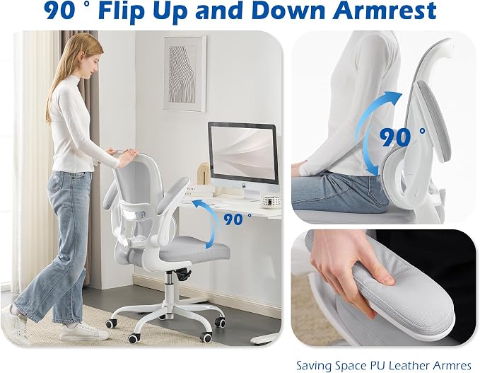 TRALT Ergonomic Office Chair Desk Chair with Adjustable Lumbar Support | Desk Chair Comfy with Flip-up Armrests Ergonomic Chair - Mesh Computer Chairs for Adults, 330lbs, PU Leather (Grey, 1) - Image 6