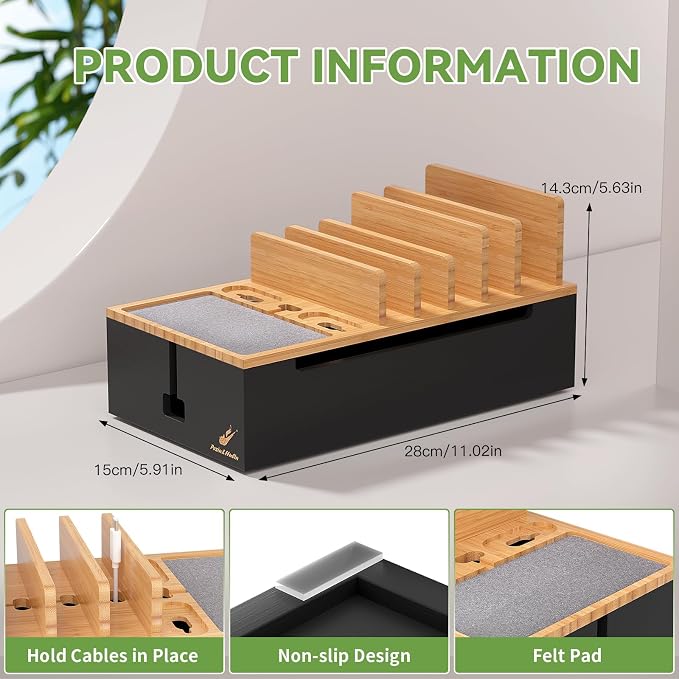 Pezin & Hulin Cord Organizer Box with 6 Wire Cables-Natural + Black | Surge Protector Organizer, Device Charger Station for Phones & Tablets, Wood Charging Dock , No Power Supply - Image 6