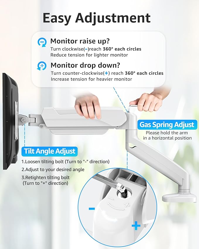 MOUNTUP Single Monitor Desk Mount Holds Screen up to 32 inch, Height Adjustable Monitor Arm, Full Motion Computer Monitors Stand with Clamp/Grommet Base, VESA Mounts Fit 4.4-17.6lbs Computer, White - Image 2