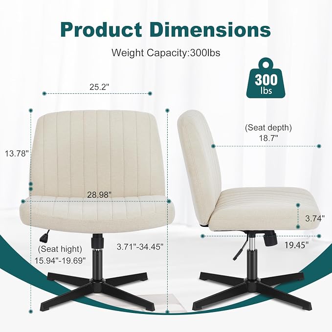 OLIXIS Criss Cross Chair, Vanity Chair, Home Office Desk | Armless Wide Seat, Height Adjustable Swivel, Comfy Fabric, Bedroom Student Study Room, Beige No Wheel - Image 2