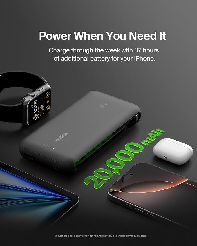 Belkin 20000mAh 30W USB C Power Bank, Portable Charger for iPhone & iPad | Fast Charging, Integrated USB C Cable, Eatra USB C Port, iPhone 17, iPad, Samsung Galaxy S26, Charge 2 Devices - Image 7