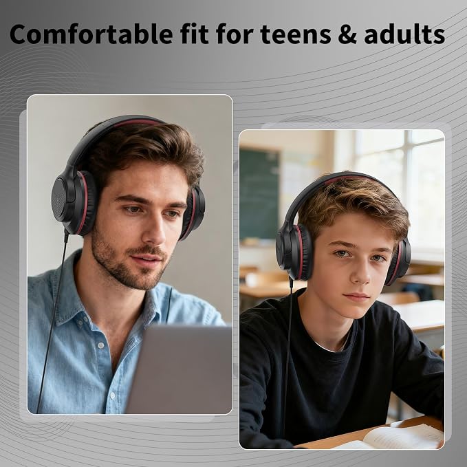 Botesty Sound Headphones Wired with Microphone, Over Ear Foldable 3.5mm Plug in Headphones Corded with 4.9ft Tangle-Free Nylon Cord for Tablet, Laptop, MP3/4, School, Airplane Travel (Black Red) - Image 4