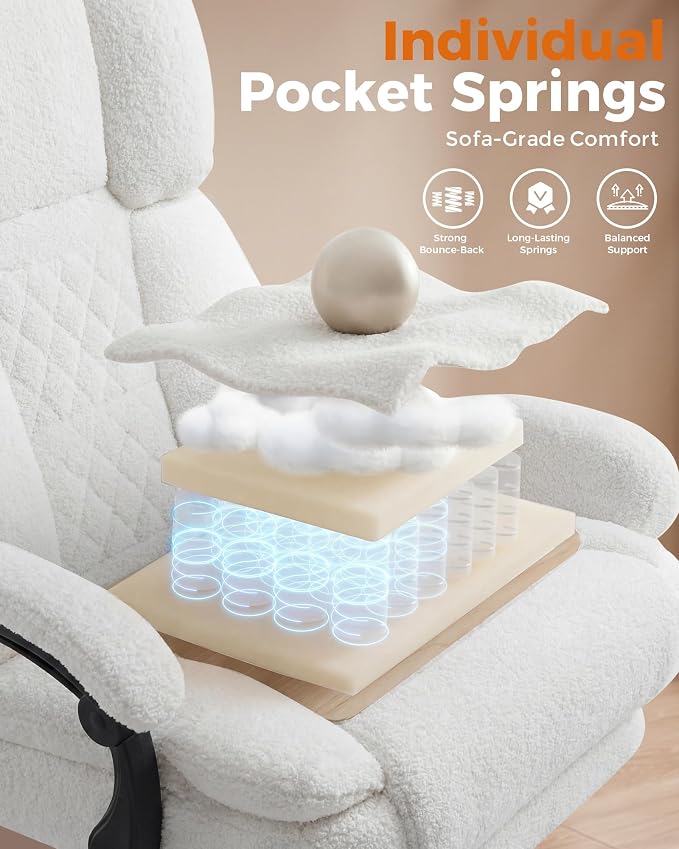 GTPLAYER Big and Tall Office Chair with Pocket Spring Cushion & Ergonomic Lumbar Support for Lower Back Pain Relief, High Back Computer Gaming Chair with Foot Rest, Comfy Teddy Fleece, White - Image 4