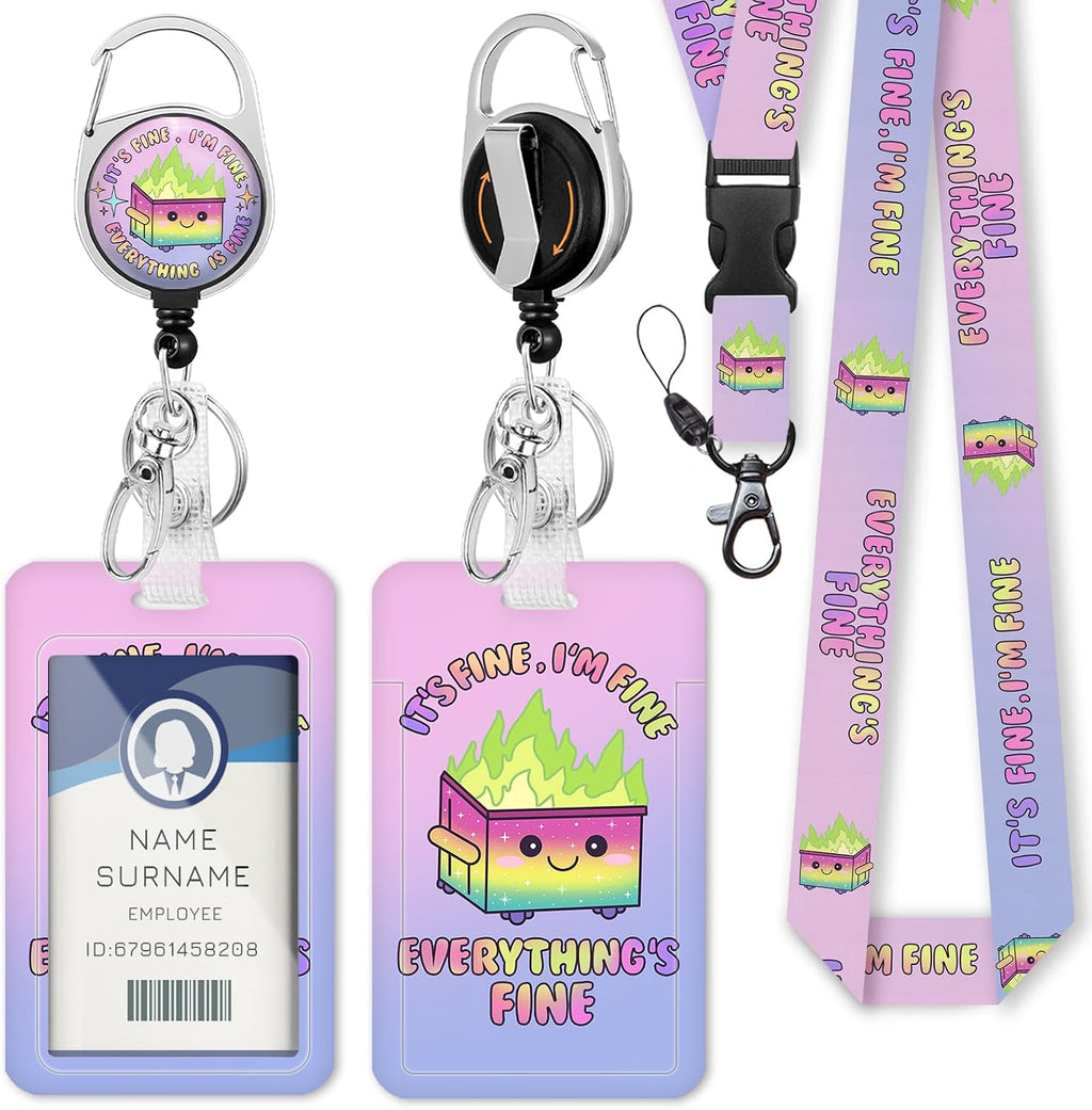 Dumpster on Fire Purple Lanyards for ID Badges and Keys, Retractable Badge Reel Heavy Duty with Carabiner Clip, Funny I'm Fine ID Badge Holder with Lanyard, Teacher Nurse Women Office Gifts by Gctriki
