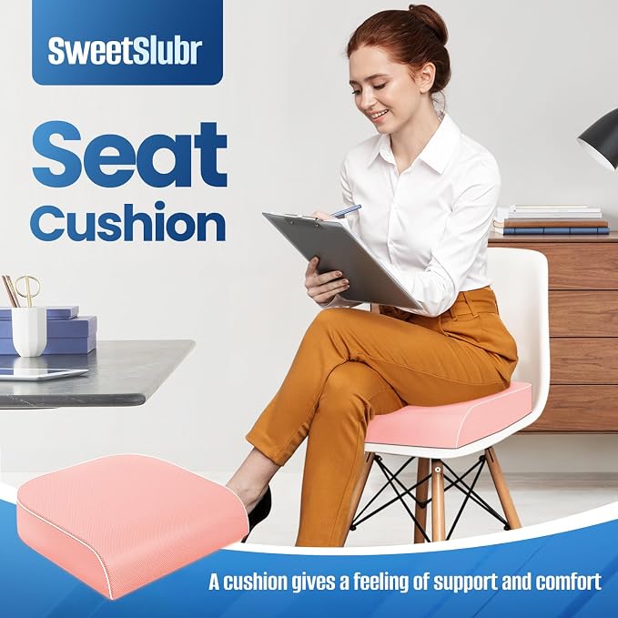 SweetSlubr Seat Cushion, Chair Pad, Memory Foam Tailbone Pain Relief | Office Chair Cushion for Tailbone Pain Relief, Non-Slip Cover, Soft Support for Office Chair, Car Seat, Airplane,Large/Pink - Image 3