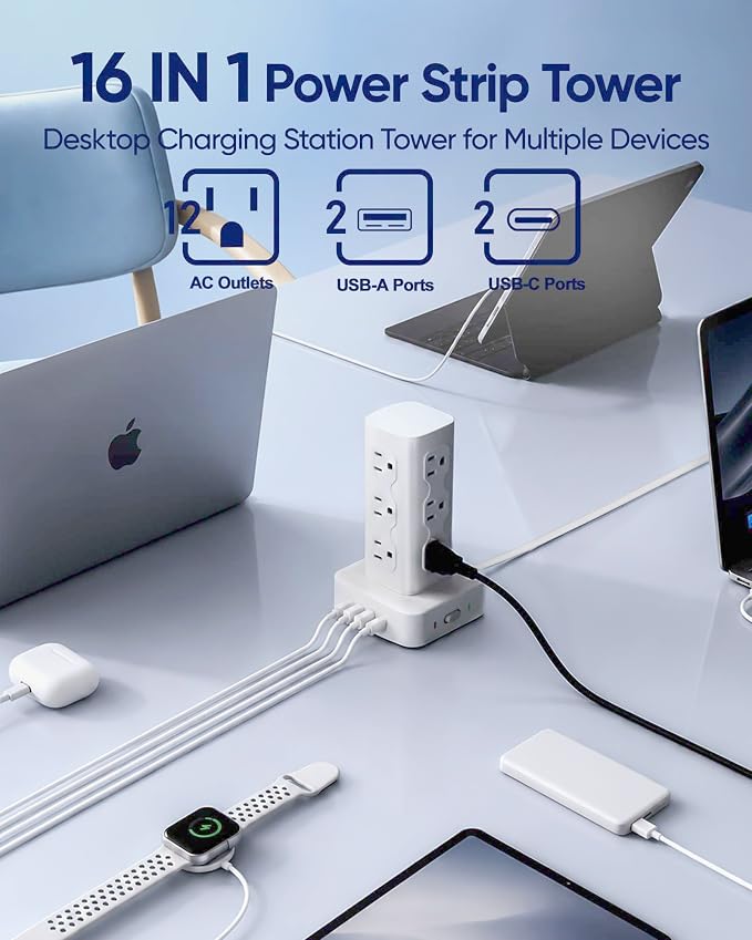 Power Strip Tower Surge Protector(2000J), Flat Plug Charging Station Tower with 12 AC Outlets & 4 USB Ports(2 USB C), 6FT Extension Cord for Home Office Dorm, White - Image 3