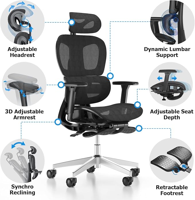 Ergonomic Office Chair with Footrest, Big and Tall Desk Chair with Adjustable Lumbar Support, Seat Depth & 3D Armrests, High Back Mesh Computer Chair for Home Office, Black - Image 4